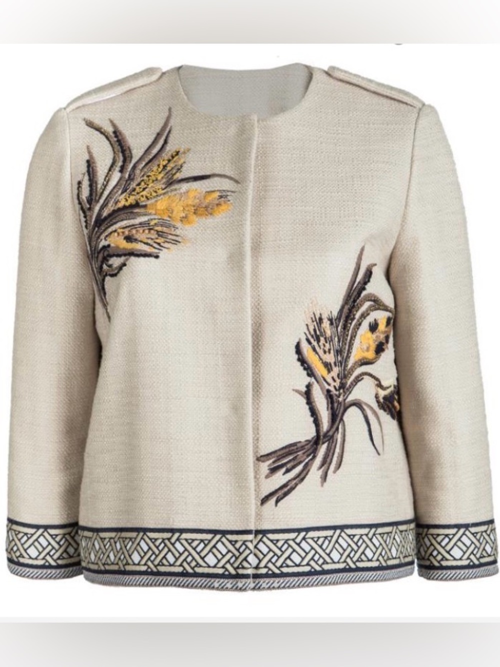 Tory Burch Cream Embroidered Crop Jacket with Yellow & Brown Accents